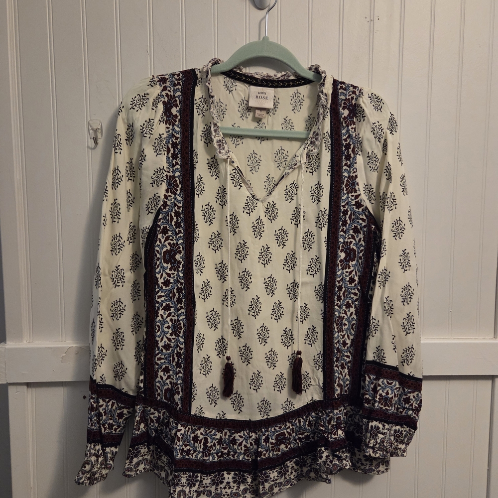 Knox Rose Cream Boho Tassel Peasant Blouse with Brown and Blue Accents